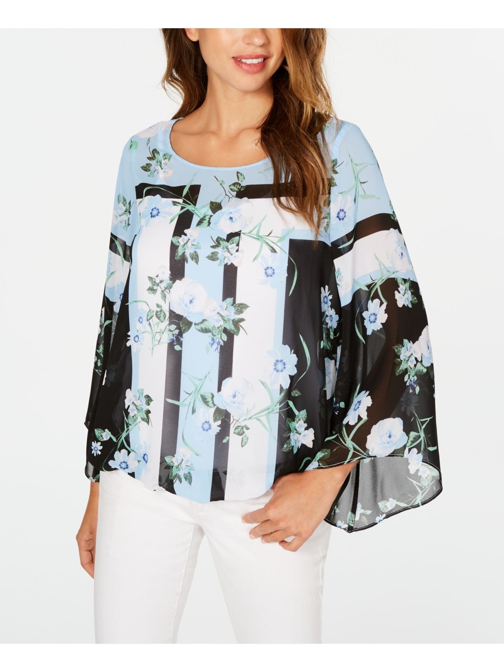 Alfani Light Blue and Black Floral Stripe Bell-Sleeve Blouse
